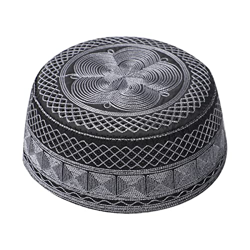 Muslim Prayer Kufi Hat for Men Boys Islamic Beanie Skull Cap Prayer Headwear Embroidery Kofia Topi Sun Hat Ramadan Eid Gift - color: Dark Grey, Chain Embroidery