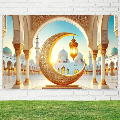 BlissYard Ramadan Banner Eid Mubarak Decoration 71x43 Inch Crescent Moon Lantern Mosque Dome Islamic Wall Art Ramadan Kareem Backdrop for Muslim Festival Indoor Outdoor Spiritual Party Display