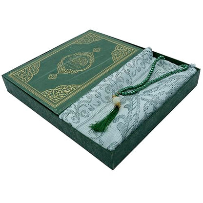 Modefa Prayer Rug Islamic Gift Set - Holy Quran in Arabic - Velvet Box with Quran and Tesbih (Green) - color: Green