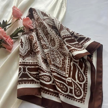 FONYVE Silk Feeling Scarf Medium Square Satin Head Scarf for Women 27.5 × 27.5 inches - color: 04 Brown Paisley