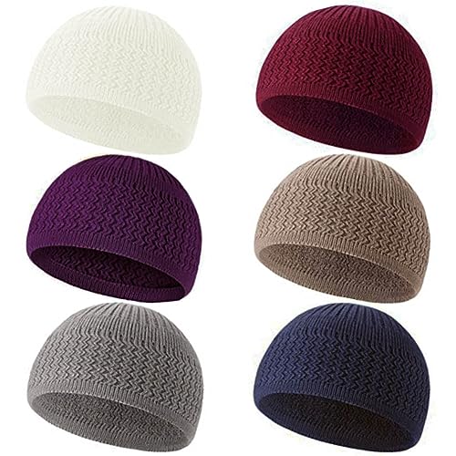 6 Pcs Knit Kufi Hats for Men Women Muslim Stretchy Skull Caps Cotton Helmet Liner Breathable Crochet Beanie Hat - color: Fresh Colors