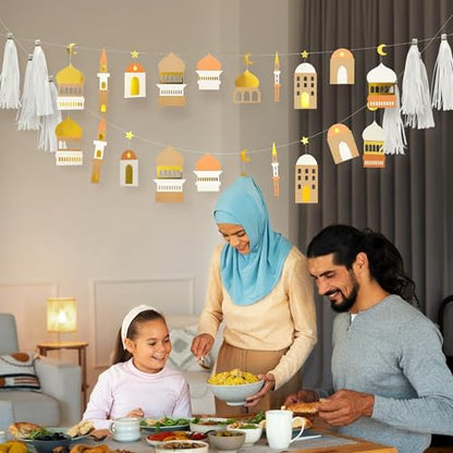 Cheerland Ramadan Banner Eid Mubarak Banner Ramadan Decorations Garland Gold White Party Decorations Islamic Mosque Garlands Islam Party Hanging Decor Gold Star Moon Crescent Muslim Party Supplies
