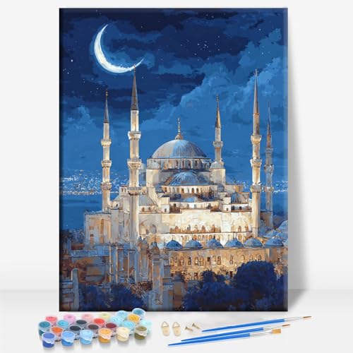 Aeontinity Crescent Moon Islamic Ramadan EID Islam Framed Canvas DIY Paint by Numbers Kit Bar Cafe Cave Home Room Wall Bathroom Porch Patio Decor Gift, 16 x 12 Inch - color: CRESCENT MOON ISLAMIC RAMADAN EID