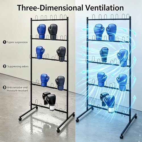 20 Pairs Boxing Gloves Drying Rack, 28.74x23.62x72.05in Freestanding Boxing Glove Storage Stand with 4 Wheels, Metal Boxing Gloves Storage Display Rack with Hooks, Pre-drilled Holes - color: Black