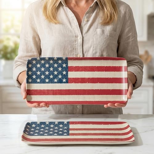 KINGEN American Flag Serving Platter, Rectangular 15inch Serving Dishes Set of 2 for Entertaining, Durable & Dishwasher Safe, Bamboo Serving trays for party, Cheese, 4th of July Series, Red White Blue