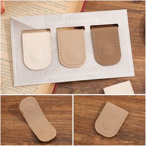 3PCS Magnetic Leather Bookmarks，Book Marks for Books, Strong Magnet Reading Accessories for Men & Women，Long-Lasting and Durable Gift Suitable for Book Lovers & Students (Cream，Light Khaki，Taupe) - style: Coffee White