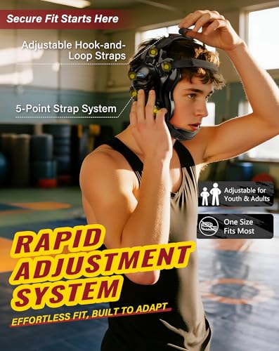 Trymaker Wrestling Headgear, Head Gear for Men and Youth with Chin Cup, Dual-Layer Ear Guard for MMA, BJJ (for Users Age 10+) - color: Black Headgear & Black Strap