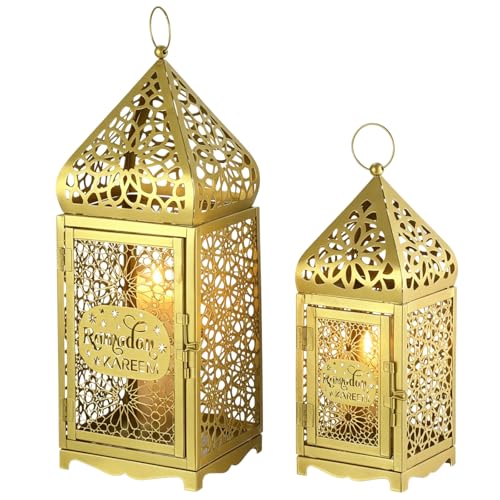 2 Pcs Gold Metal Candle Holder Decor, Large 14.6" & Small 11.4" Hangable Moroccan Lantern with Hollow Carved Design, Elegant Tabletop for Ramadan, Eid, Home Decor