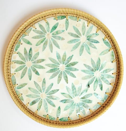Magenta & Teal Round Rattan Serving Tray with Mother of Pearl Inlay, Wicker Coffee Table Decor, Farmhouse Style (Light Blue Flower Pink) - color: Light Blue Flower Pink