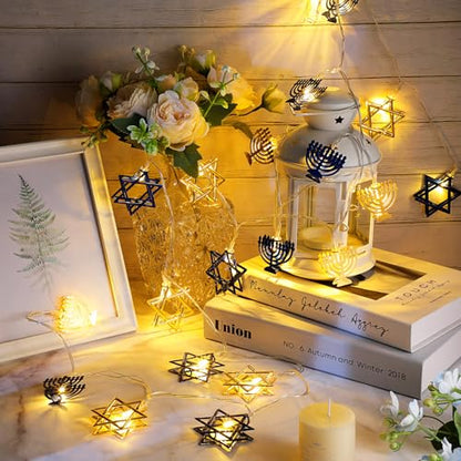 Glooglitter 2 Pcs 10ft Hanukkah String Lights Indoor Decor Battery Powered Lights String for Chanukah Ramadan 4th of July Bedroom Window Party(Hexagon)
