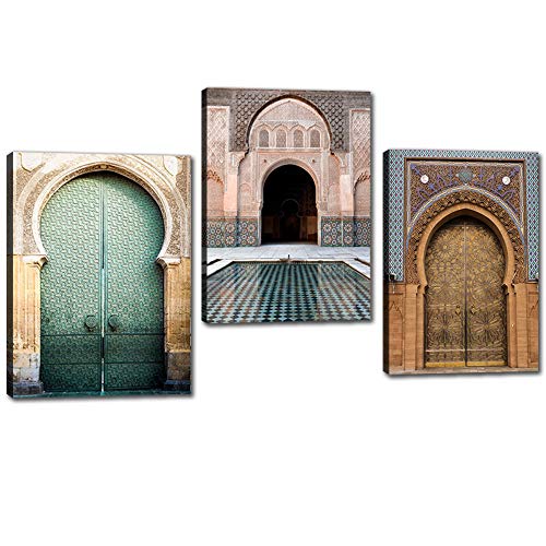 Moroccan Arch Old Door Canvas Painting Islamic Building Wall Art Poster Hassan-II Mosque Print Muslim Artwork Retro Religious Building Print on Canvas Painting Art Framed Easy to Hang-12 inch x 16 - color: Artwork-16, size: 12''x16''x3pcs