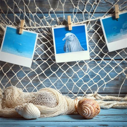 Natural Cotton Fish Net Decorations, 4x6.6 Ft Nautical Party Decor for Hawaiian Pirate Ocean Beach Theme, Halloween Christmas Wall Backdrop Decoration