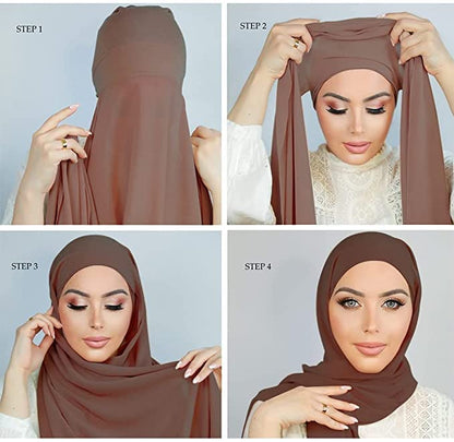 Yeieeo Instant Chiffon Hijab with Undercap (Tube or Bandage Cap), Breathable, no sweat buildup,Solid Chiffon Head Wraps - color: Coffee
