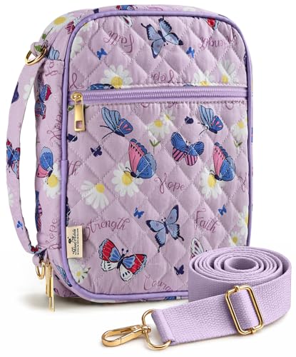 Miss Adola Bible Cover Case for Women - Quilted Bible Carrying Case Organizer Study Bag with Zipper Handle and Shoulder Strap Purple Butterflies Book Cover for Teen Girls - color: Purple-butterfly