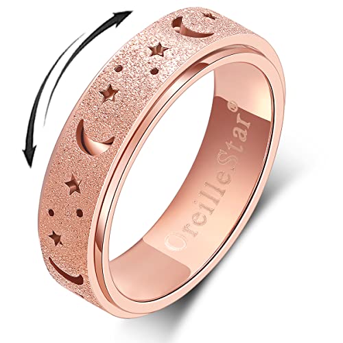 OreilleStar Anxiety Ring for Women Spinner Ring Stainless Steel Fidget Toys Adults Fidget Spinner Ring Moon Star Rose Gold Size 6 - size: Size 6, style: Moon Star-Rose Gold