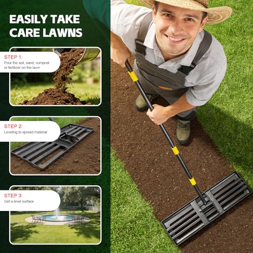 Lawn Leveling Rake 30”x10” Large Heavy Duty Metal Lawn Leveler with 5FT Long Adjustable Handle Proffesional Yard Leveling Rake for Soil Dirt Sand Compost Efficient Lawn Leveling Tool - style: 5FT