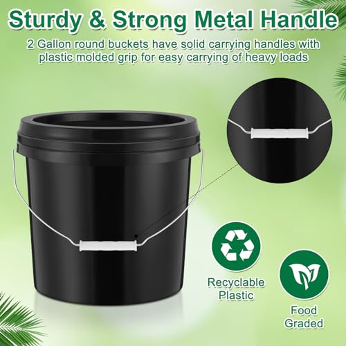 Tioncy 10 Pcs 2 Gallon Plastic Buckets with Lids and Handles,Black | Storage Pails for Paint, Cleaning, Organizing, Durable Containers, Metal Handles, Plastic Material - color: Black
