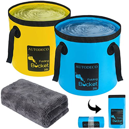 2 Pack Collapsible Bucket 5 Gallon Container Folding Water Bucket Portable Wash Basin for Outdoor Travelling Camping Fishing Gardening Car Washing 20L - color: Blue & Yellow
