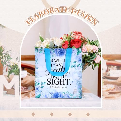 Riakrum 32 Pcs Religious Gift Bags Bulk for Women, Non Woven Christian Gift Bag with Handle, Reusable Flower Religious Baptism Bible Verse Tote for Eid Easter Catholic Theme Party Favors