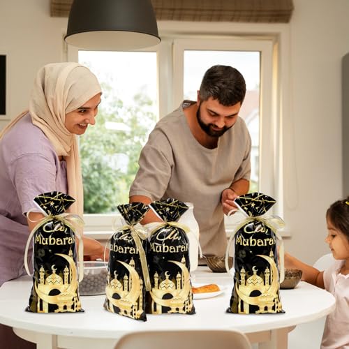 Whaline 100 Pcs Eid Mubarak Cellophane Treat Bags with Ribbon Ramadan Plastic Gift Bags Black Gold Candy Goodie Bags for Islamic Holiday Birthday Party Supplies - color: Black Gold