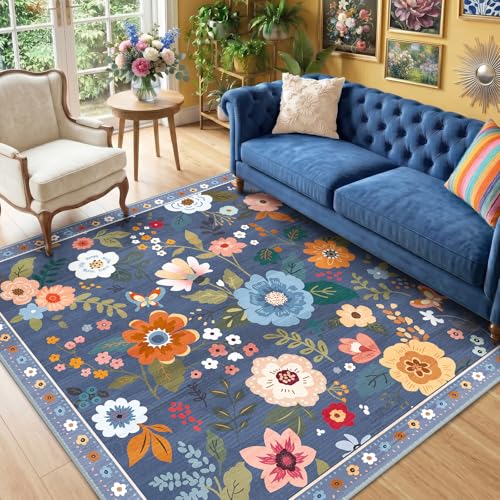 RELEANY Floral Washable Square 6ft Area Rug Blue/Grey - color: Blue/Grey, size: 6' (Square)