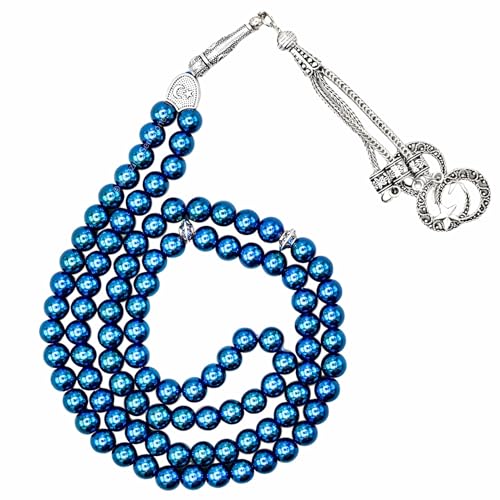 Amazing Gemstone Blue Hematite Tasbeeh with Moon and Star Charm - Certified Crystal Muslim Prayer Beads Natural Gemstone Tasbih Gift for Ramadan Dhikr and Daily Namaz (S) - color: Blue Hematite