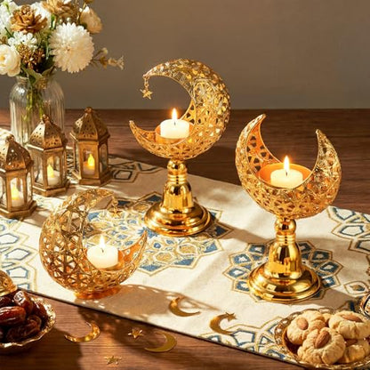 Yungyan 3 Pcs Ramadan Candlestick Holder Eid Mubarak Metal Moon Shape Tealight Candle Holder Ramadan Candle Stand Table Centerpieces for Islamic Party Wedding Festival Gift Decor