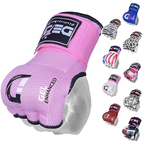 DEFY Padded Inner Gloves Quick 75cm Long Strap – Inner Boxing Gloves Gel Padded Knuckle Protection – Elasticated Boxing Hand Wraps for MMA Muay Thai Kickboxing Martial Arts Pair - color: Pink, size: X-Large