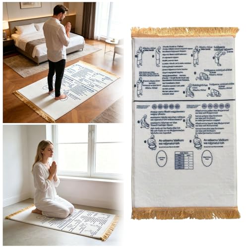 Bilingual Guided Prayer Mat with English Reading & Arabic Recitation Guide, Non-Slip Salah Prayer Mat with Instructions for Prayer Learning, Meditation (White, 80x120cm)