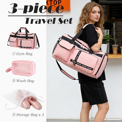 MAXTOP Gym Bag for Women Men Travel Duffle Bag Large Capacity Carry On Weekender Overnight Bag With Shoe Compartment Gym Tote Dry Wet Separation Duffel Bag for Travel - color: Pink Set, style: Gym Bag&toiletry Bag