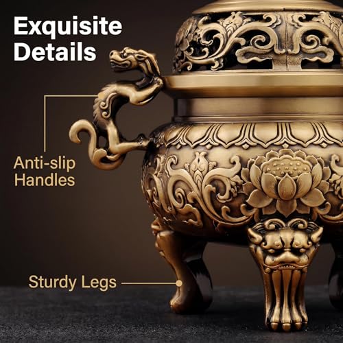 Solid Brass Chinese Incense Burner, Antique Censer, 670g, 2.76in Opening | Feng shui incense burner, Fu Lion Foo Dog lid, altar, home shrine, meditation corner, office desk, brings harmony and peace