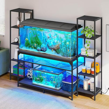 DWVO 55-75 Gallon Aquarium Stand with Power Outlets & LED Light, Display Stand for Turtle Tank, Reptile Terrarium, Heavy Duty Metal Fish Tank Stand Suitable for Living Room, Entryway, 860LBS Capacity - color: Black