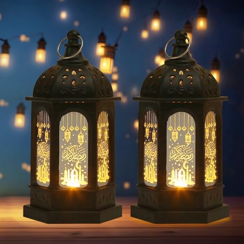 Hying 2 Pieces Ramadan Lanterns Decoration 5.2" Height Retro Hanging Lamp Eid Mubarak Flameless Candle Holder with Transparent Glass Ramadan Gifts Eid Mubarak Lantern for Home Tabletop Decor - color: Style 3: Black Lantern
