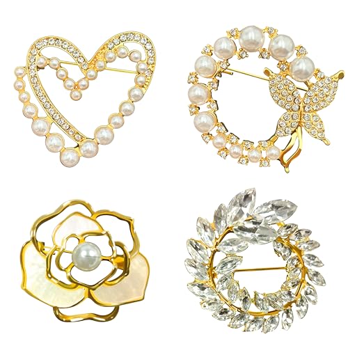 Butterfly Wreath Brooch Pin White Pearl Flower Women Rhinestone Scarf Buckle Pin Gold Wedding Bridal Brooches Lady - color: Brooches K-4PCS