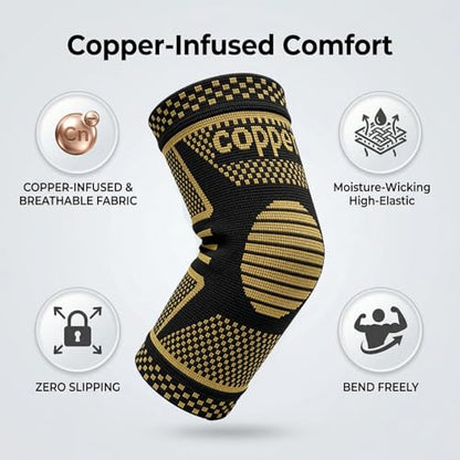 Copper Elbow Compression Sleeve, Tennis Elbow Brace for Men and Women, 4-Way Stretch, Pain Relief, Recovery, Arthritis, Tendonitis, Bursitis (Black-Copper, X-Small) - size: X-Small