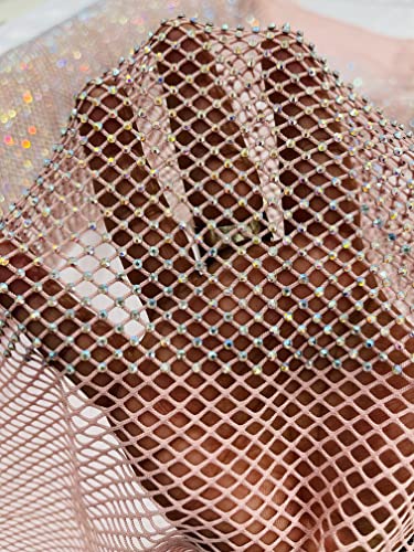 New Creations Fabric & Foam Inc, 45" Wide AB Iridescent Rhinestone On Soft Stretch Fish Net Fabric by The Yard (1 Yard, Iridescent Rhinestones on Blush Mesh) - color: Iridescent Rhinestones on Blush Mesh