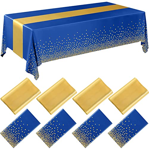 Breling 8 Pack Navy Blue and Gold Disposable Plastic Tablecloths and Satin Table Runner Set, 54 x 108 Inch Tablecloth, 12 x 108 Inch Table Runners for Wedding Graduation Birthday Baby Shower New Year - color: Navy Blue and Gold