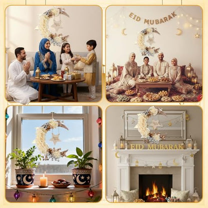Lineshading Eid 라마단 무바라크 화환 라마단 장식 가정 현관 이드 장식 원형 금속 후프 꽃 벽걸이 화환 벽 창문 실내 실외 농가 장식 (귀여운) - style: 귀여움