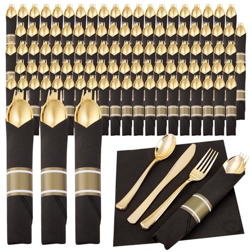 Supernal 120Pack Pre Rolled Black and Gold Plastic Silverware Set - color: Black and Gold, size: 120 Pack