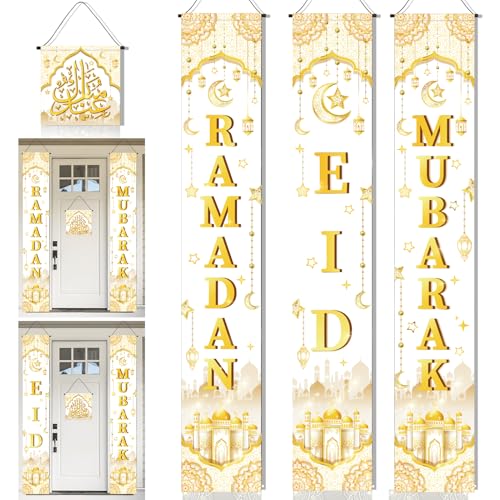 DPKOW 2 In-1 Ramadan Eid Decorations for Home, 4pcs White Gold Ramadan Mubarak Banner Eid Mubarak Door Couplets Decorations Islamic Muslim Welcome Porch Sign, Fabric - color: White Gold