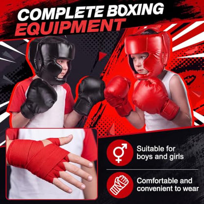 Kanayu 12 Pcs Kids Boxing Equipment Set for Beginners Ages 6-18 Years Including Boxing Helmet and Gloves Hand Wraps Sport Mouthguards Taekwondo Sparring Gear for Kids and Children - color: Black, Red