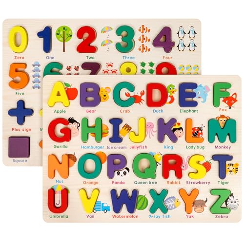 Attmu Wooden Puzzles for Toddlers, 2 Pcs Alphabet Puzzle ABC Shape Number Puzzle Patterns, Learning Toys for Kids, Preschool Educational Activities Toddler Gift Toys for Girls Boys Christmas Easter - size: 2 Pack