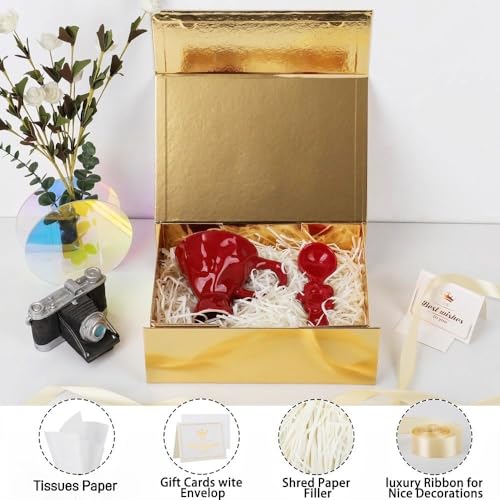 UoeRing 1 Pcs Gold Gift Box 11.5x8x4 Inch with Magnetic Lid | Collapsible Luxury Present Box,for Birthday,Christmas Holiday Gift Includes Card,Ribbon,Tissue Paper & Shredded Filler - color: 11.5x8x4 Inch-Gold-Pack of 1