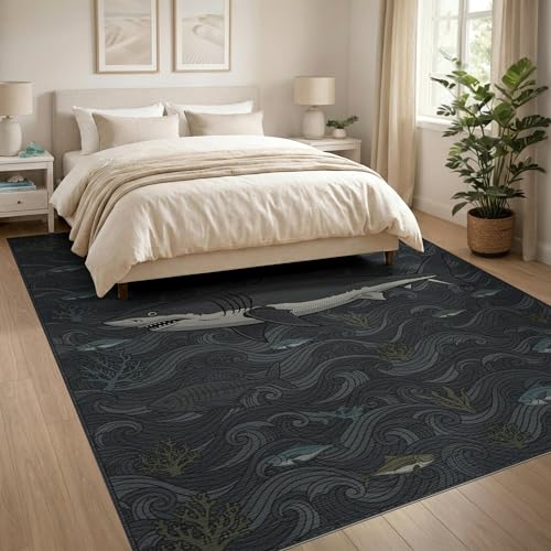 8'x10' Washable Flatwoven Rug, Charcoal Grey Graphic Fish Stain Resistant Extra Large Carpet for Dining Room, Large Office, Lounge, Non-Slip Chair-Friendly Mat | Ref:2068054 - color: Grey/Pattern 19, size: 8' x 10' (Rectangular)