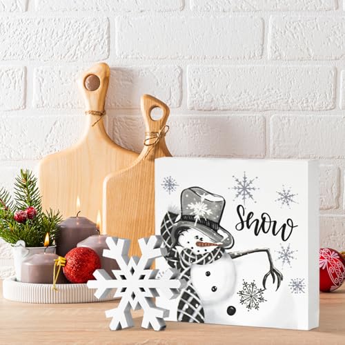 Smile Christmas Indoor Decor, Snowflake Snowman Square Sign Wooden Sign for Desk Table Shelf Office Farm Decoration Kitchen 5 x 5 Inches. - style: Snowman