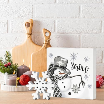Smile Christmas Indoor Decor, Snowflake Snowman Square Sign Wooden Sign for Desk Table Shelf Office Farm Decoration Kitchen 5 x 5 Inches. - style: Snowman