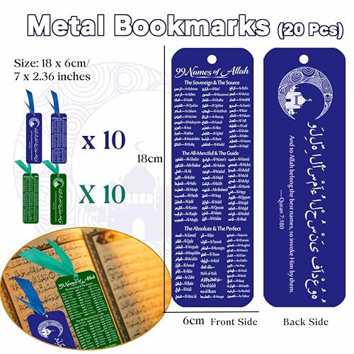 20 pcs Metal 99 Names of Allah Bookmark Arabic English Bilingual Islamic Bookmarks Ramadan Eid Gifts Bulk for Women Quran Learning Reflecting on The Names of Allah - style: Metal-20