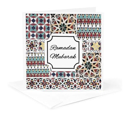 3dRose Ramadan Mubarak - Blessed Happy Eid Wish - Red Mint Turquoise Mosaic 1 Greeting Card with envelope