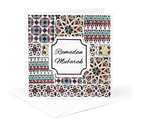 3dRose Ramadan Mubarak - Blessed Happy Eid Wish - Red Mint Turquoise Mosaic 1 Greeting Card with envelope
