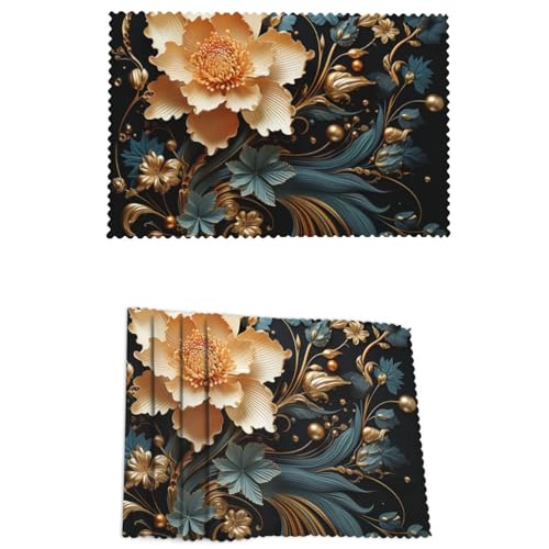 Placemats Set of 4 Heat Resistant Gold Flowers on Black Place mat for Dining Table Non-Slip Table Mats Desktop Protection Pad Washable Place Mats for Kitchen Dining Outdoor - color: Gold Flowers on Black